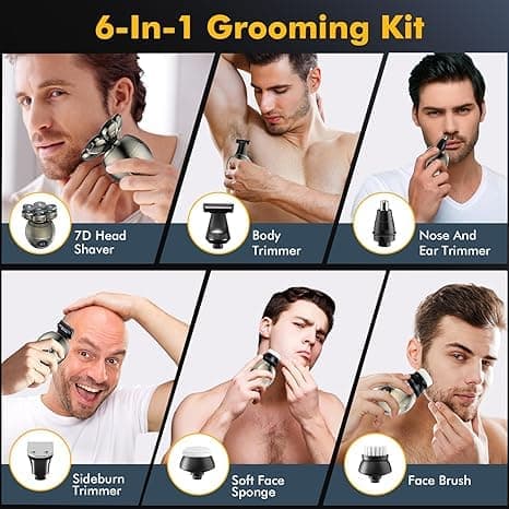 6-i-1 multifunktionel elektrisk barbermaskine til mænd – kraniebarbering, skægtrimmer og ansigtsrens