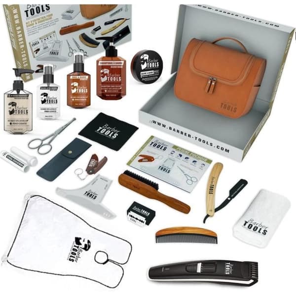 Kit/set/box (16 produkter) för underhåll och skötsel av skägg och rakning + trimmer och haklapp - Kosmetika Made in France