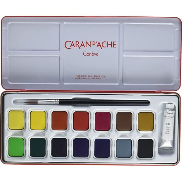 Caran d'Ache: Studio Gouache: Set med 14 kastruller och 10 ml vit