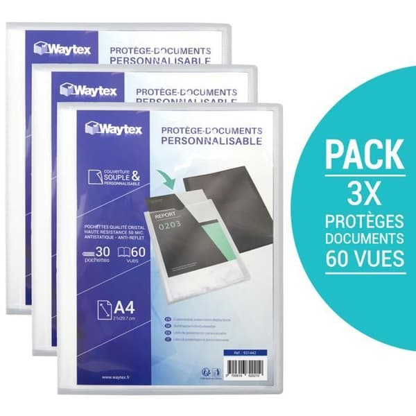 Set med 3 anpassningsbara A4-dokumentskydd - WAYTEX - 931442P - 60 visningar - Transparent polypro-fodral