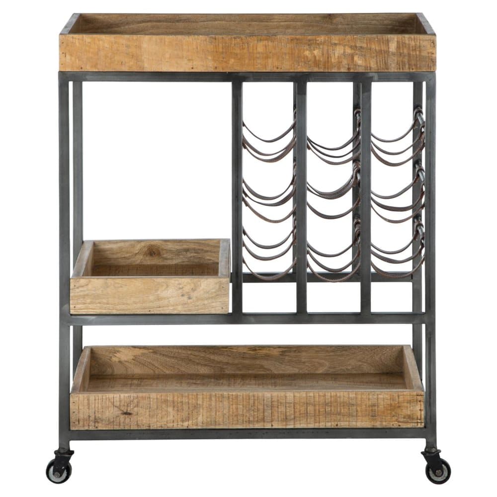 WOMO-DESIGN vagn Quanzhou x 41 x 85 cm på hjul med kuggstänger som stöder flaskor, 72, Nature, akacia Trä / metallram, handgjord, industriell design
