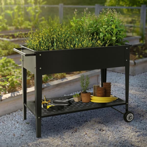 ML-Design Metallinen liikuteltava korkeavuoteinen istutuslaatikko; 98x50x79;5 cm; Musta; Siirrettävä istutuslaatikko; pyörillä ja kahvalla; Puutarha-