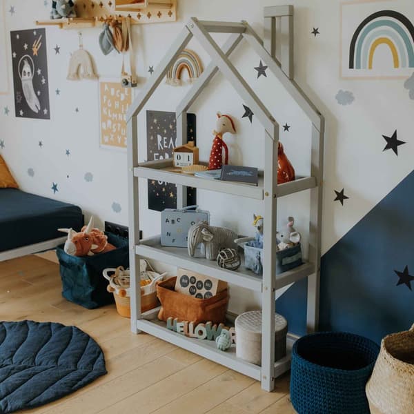 Husformad hylla för barn i sovrummet eller trähushylla, barnhylla bokförvaring Montessorihylla barnhylla bokhylla leksaksförvaring Grå Medium
