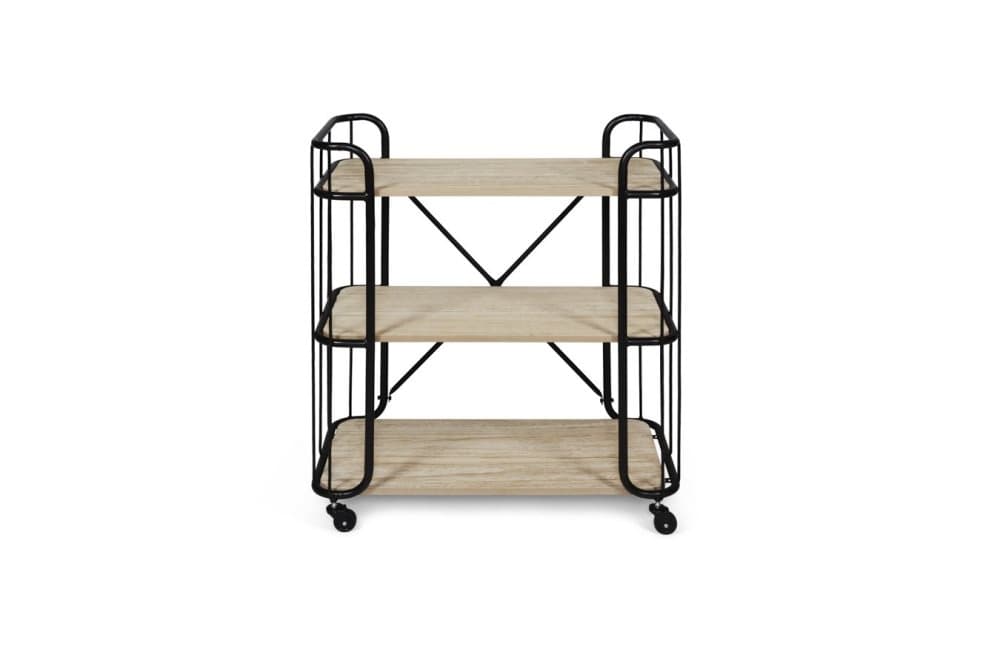 LIFA LIVING Lyon Rullvagn, Köksvagn på Hjul, Rullbord i Svart Metall och MDF-trä, Serveringsvagn med 3 Hyllor, Badrumsvagn max 15 kg, 80 x 41 x 86 cm