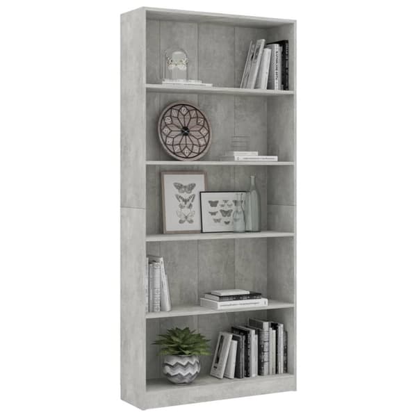 bogreol med 5 hylder 80x24x175 cm konstrueret træ betongrå