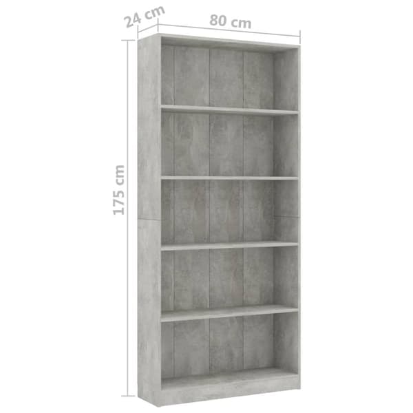 bogreol med 5 hylder 80x24x175 cm konstrueret træ betongrå