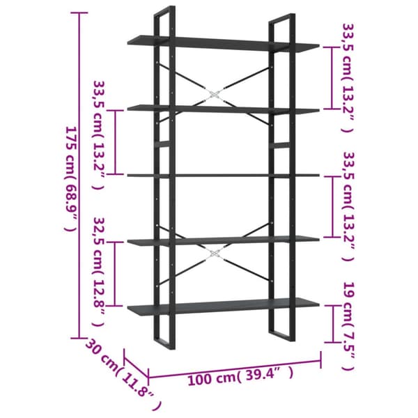 bogreol med 5 hylder 100x30x175 cm konstrueret træ grå