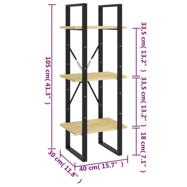 bogreol 40x30x105 cm 3 hylder massivt fyrretræ