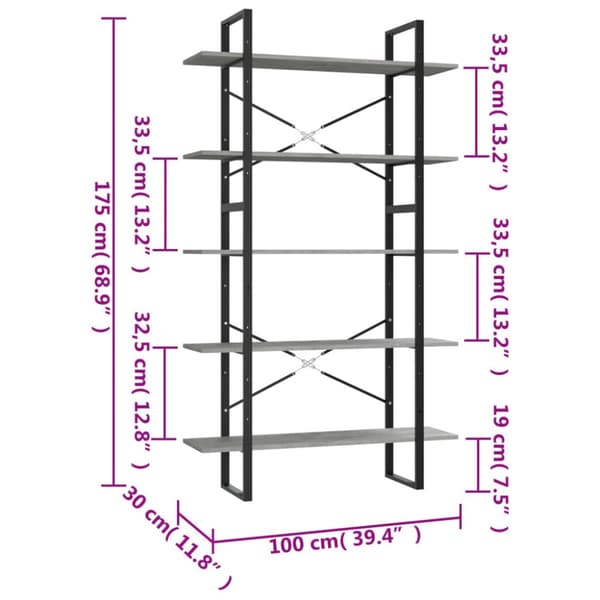 bogreol med 5 hylder 100x30x175 cm konstrueret træ betongrå