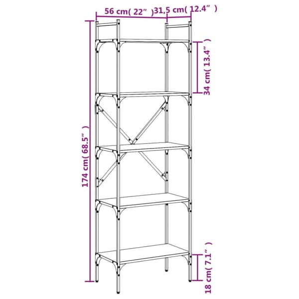 bogreol med 5 hylder 56x31,5x174 cm konstrueret træ røget eg