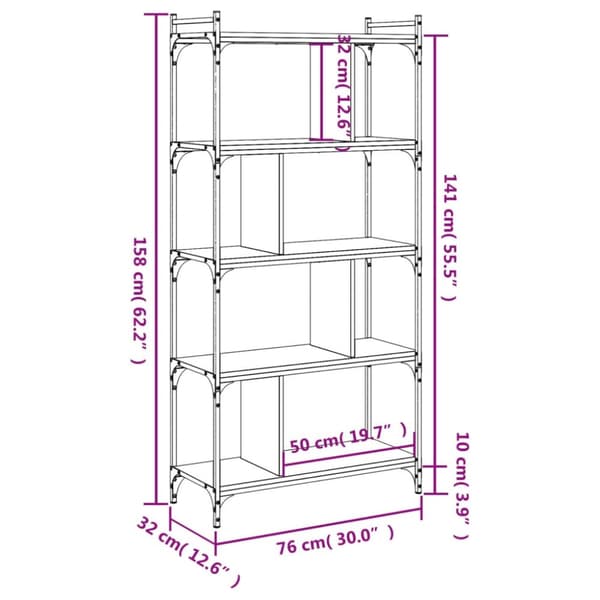 bogreol 76x32x158 cm 5 hylder konstrueret træ brunt eg