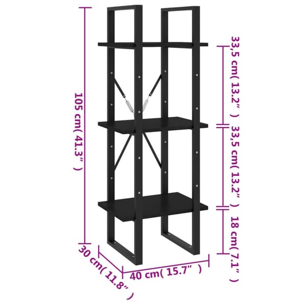 bogreol med 3 hylder 40x30x105 cm massivt fyrretræ sort