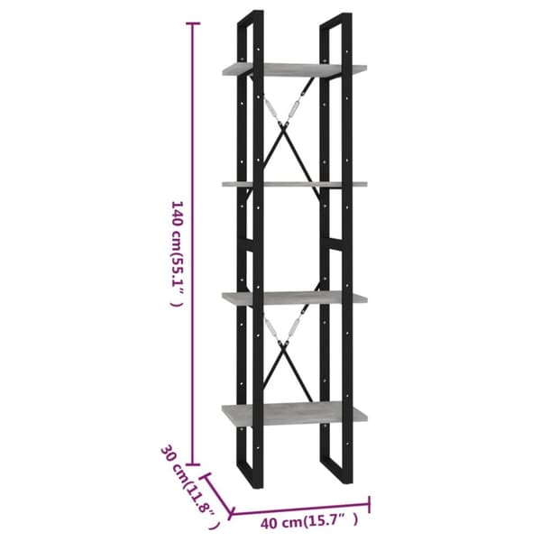 bogreol med 4 hylder 40x30x140 cm konstrueret træ betongrå