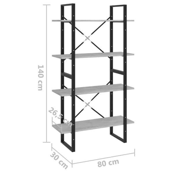 bogreol med 4 hylder 80x30x140 cm konstrueret træ betongrå