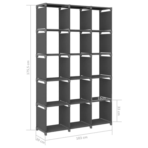 reol med 15 rum 103x30x175,5 cm stof grå