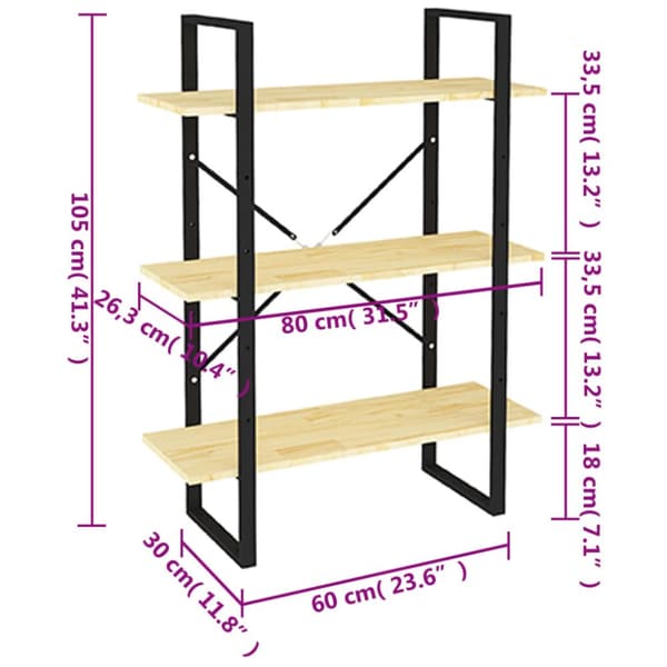 bogreol 80x30x105 cm 3 hylder massivt fyrretræ