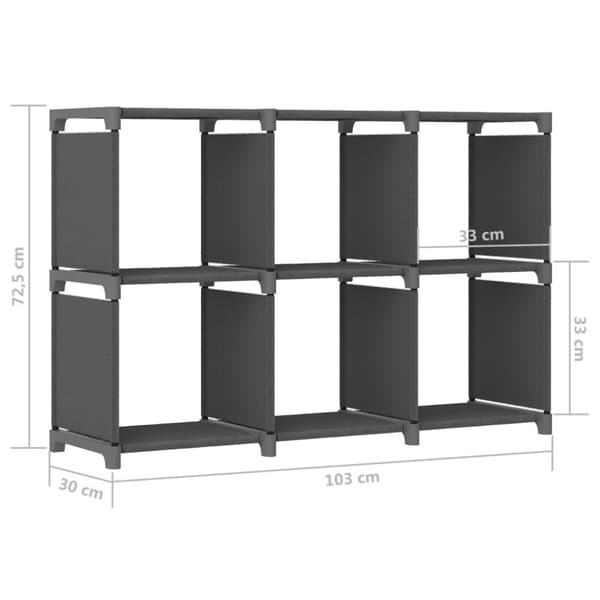 displayreol med 6 kubeformede rum 103x30x72,5 cm stof grå