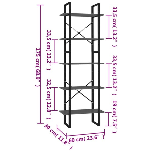 bogreol med 5 hylder 60x30x175 cm konstrueret træ grå
