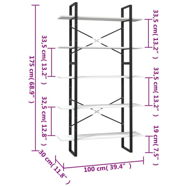 bogreol med 5 hylder 100x30x175 cm massivt fyrretræ hvid