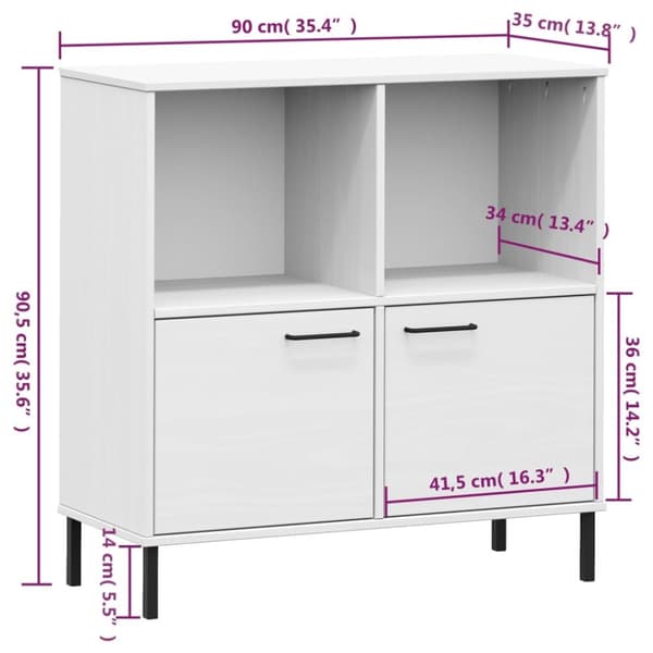 Kirjakaappi metallijaloilla valk. 90x35x90,5 cm täyspuu OSLO