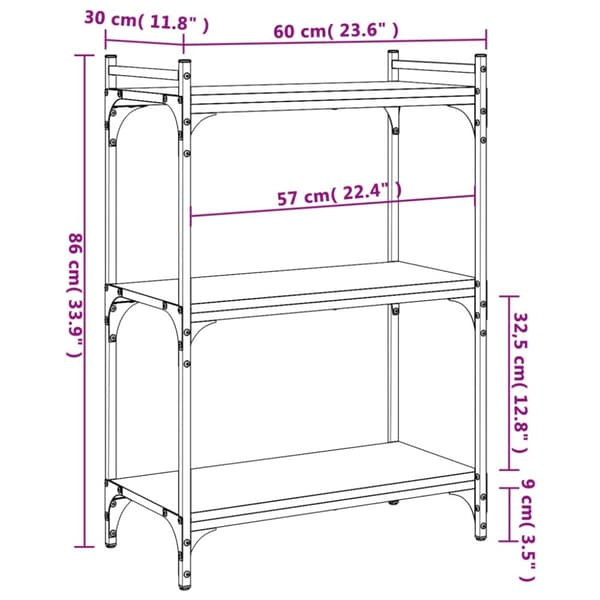 bogreol 60x30x86 cm 3 hylder konstrueret træ brunt eg