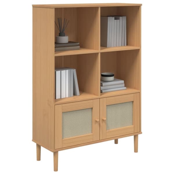 bogreol SENJA rattanlook 90x35x130 massivt fyrretræ brun