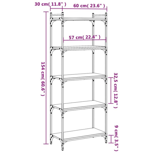 bogreol 5 hylder 60x30x154 cm konstrueret træ sonoma-eg