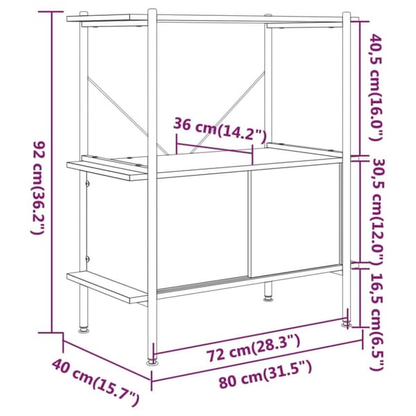 reol med skab 80x40x92 cm 3 niveauer stål og konstrueret træ