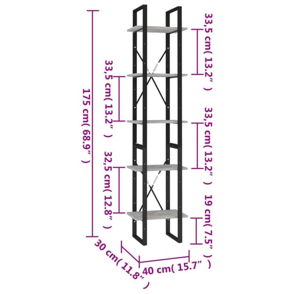 bogreol 5 hylder 40x30x175 cm konstrueret træ betongrå