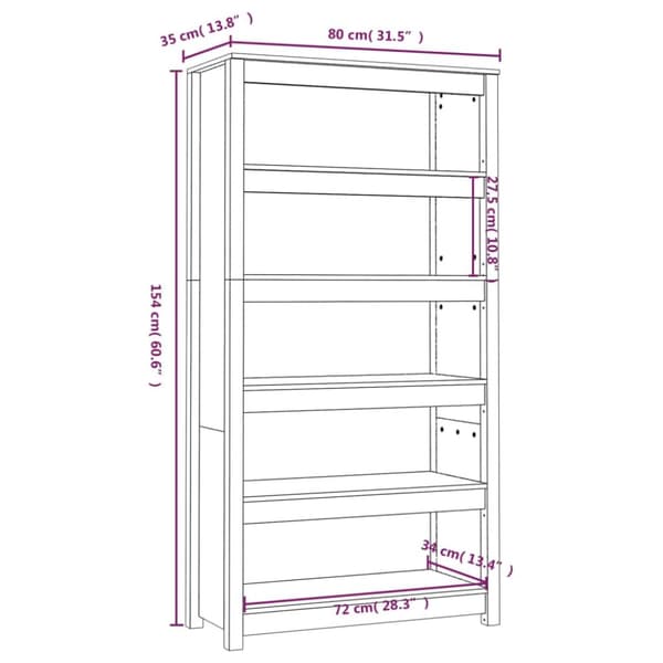 bogreol 80x35x126 cm massivt fyrretræ