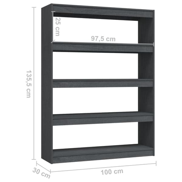 bogreol/rumdeler 100x30x135,5 cm massivt fyrretræ grå