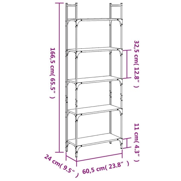 bogreol med 5 hylder 60,5x24x166,5 cm konstrueret træ sort