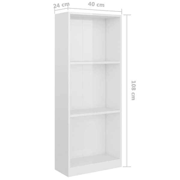 bogreol med 3 hylder 40x24x109 cm konstrueret træ hvid højglans