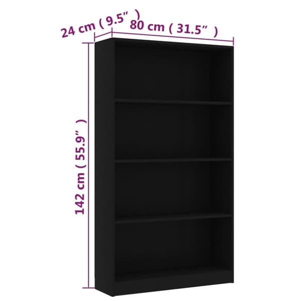 bogreol med 4 hylder 80x24x142 cm konstrueret træ sort