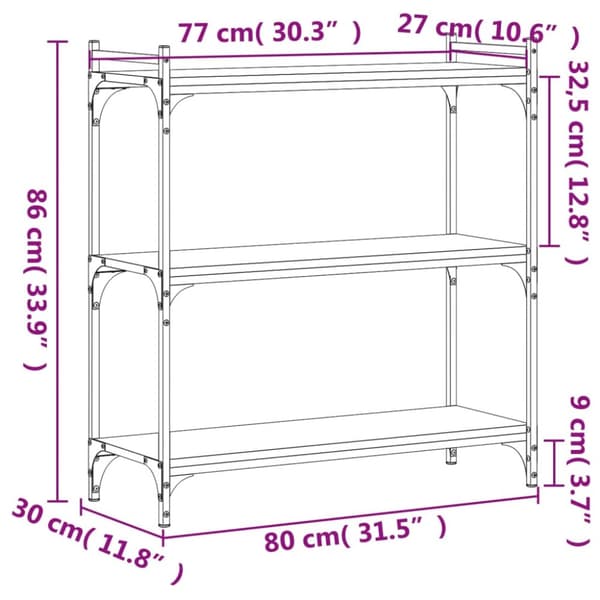 bogreol med 3 hylder 80x30x86 cm konstrueret træ sort