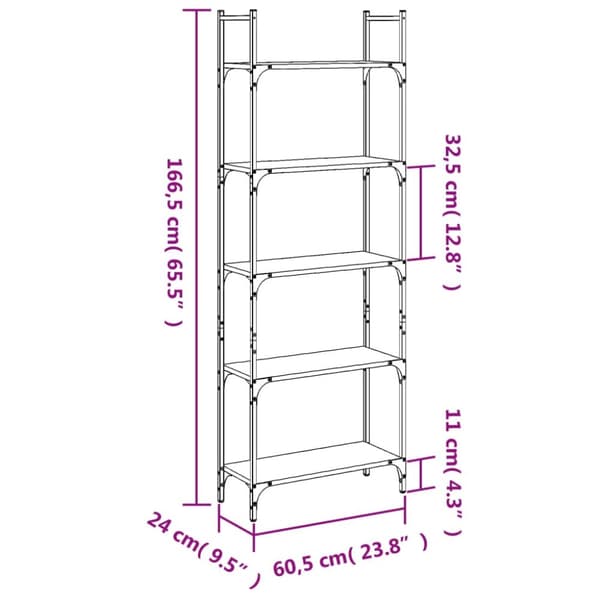 Kirjahylly 5 tasoa savutammi 60,5x24x166,5 cm tekninen puu