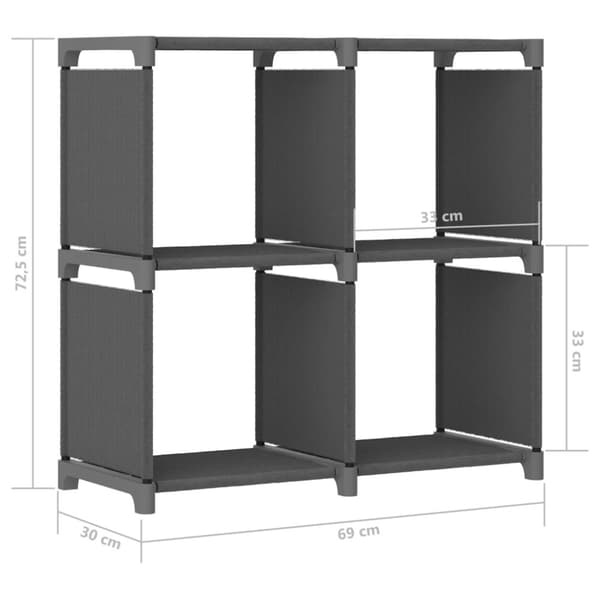 reol med 4 rum 69x30x72,5 cm stof grå