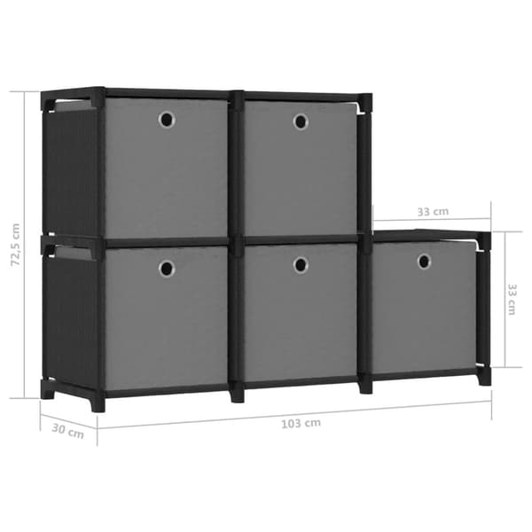 reol med 5 rum og kasser 103x30x72,5 cm stof sort