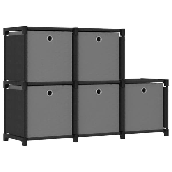 reol med 5 rum og kasser 103x30x72,5 cm stof sort