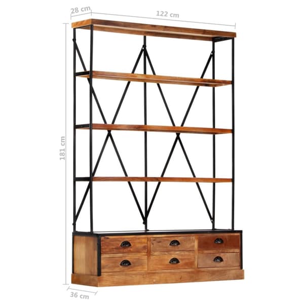 Kirjahylly 4 tasoa ja 6 laatikkoa 122x36x181 cm täysi mangopuu