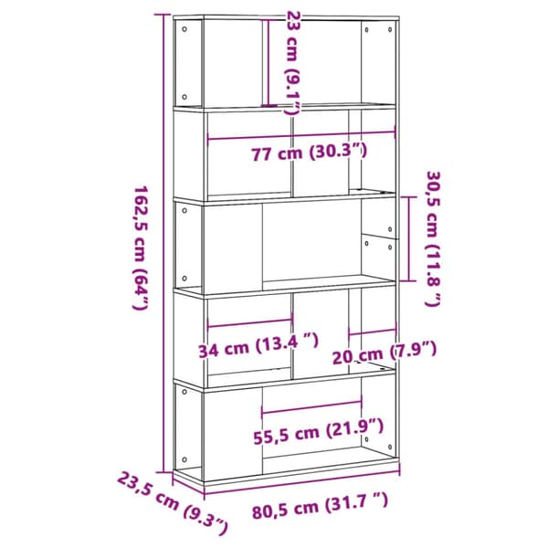 bogreol 80,5x23,5x162,5 cm 5 hylder konstrueret træ røget eg