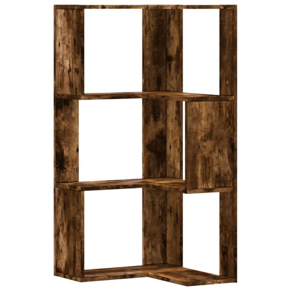 bogreol til hjørne 50x50x102cm 3hylder konstrueret træ røget eg