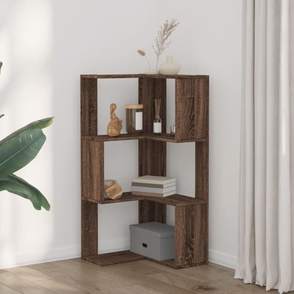 bogreol til hjørne 50x50x102 cm 3hylder konstrueret træ brun eg