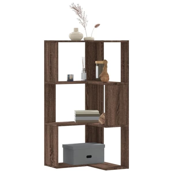 bogreol til hjørne 50x50x102 cm 3hylder konstrueret træ brun eg