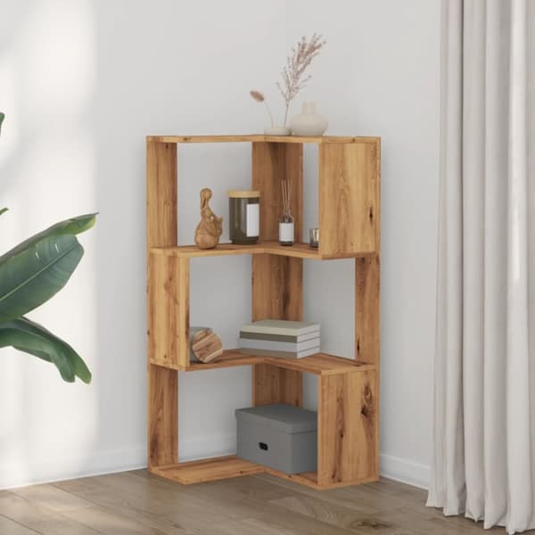 bogreol til hjørne 50x50x102 cm 3 hylder konstrueret træ egetræ