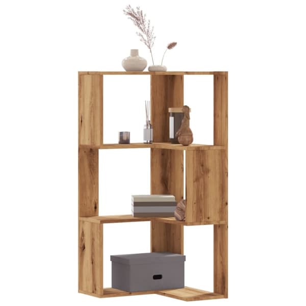 bogreol til hjørne 50x50x102 cm 3 hylder konstrueret træ egetræ