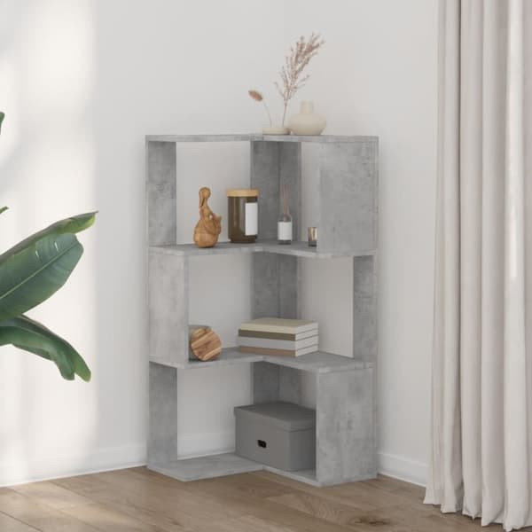 bogreol til hjørne 50x50x102cm 3hylder konstrueret træ betongrå