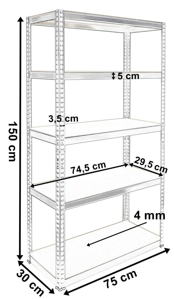 Lagerhylla 5 plan 625 kg 150 x 75 x 30 cm