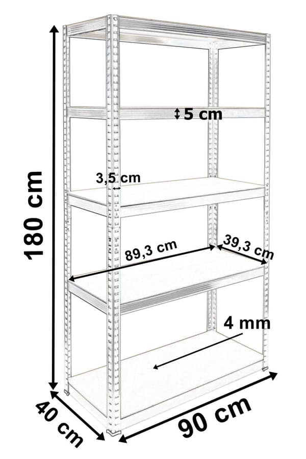 Lagerhylde 5 plan, sort, 875 kg, 180 x 90 x 40 cm