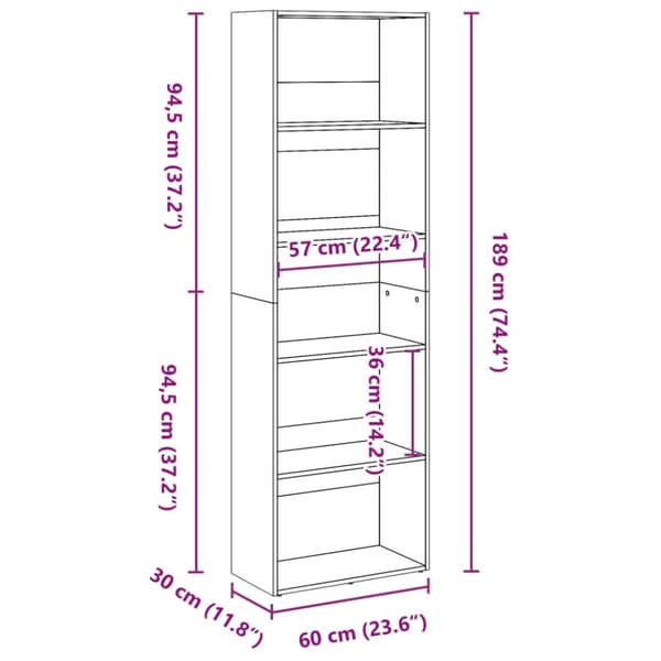 bogreol 60x30x189 cm konstrueret træ sonoma-eg